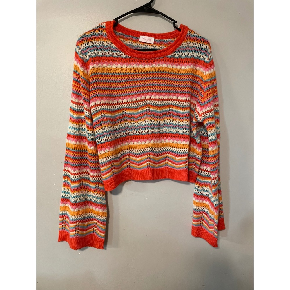 Pink Lily Women Striped Crochet Knit Cropped Sweater Bell Sleeve Orange Multi S